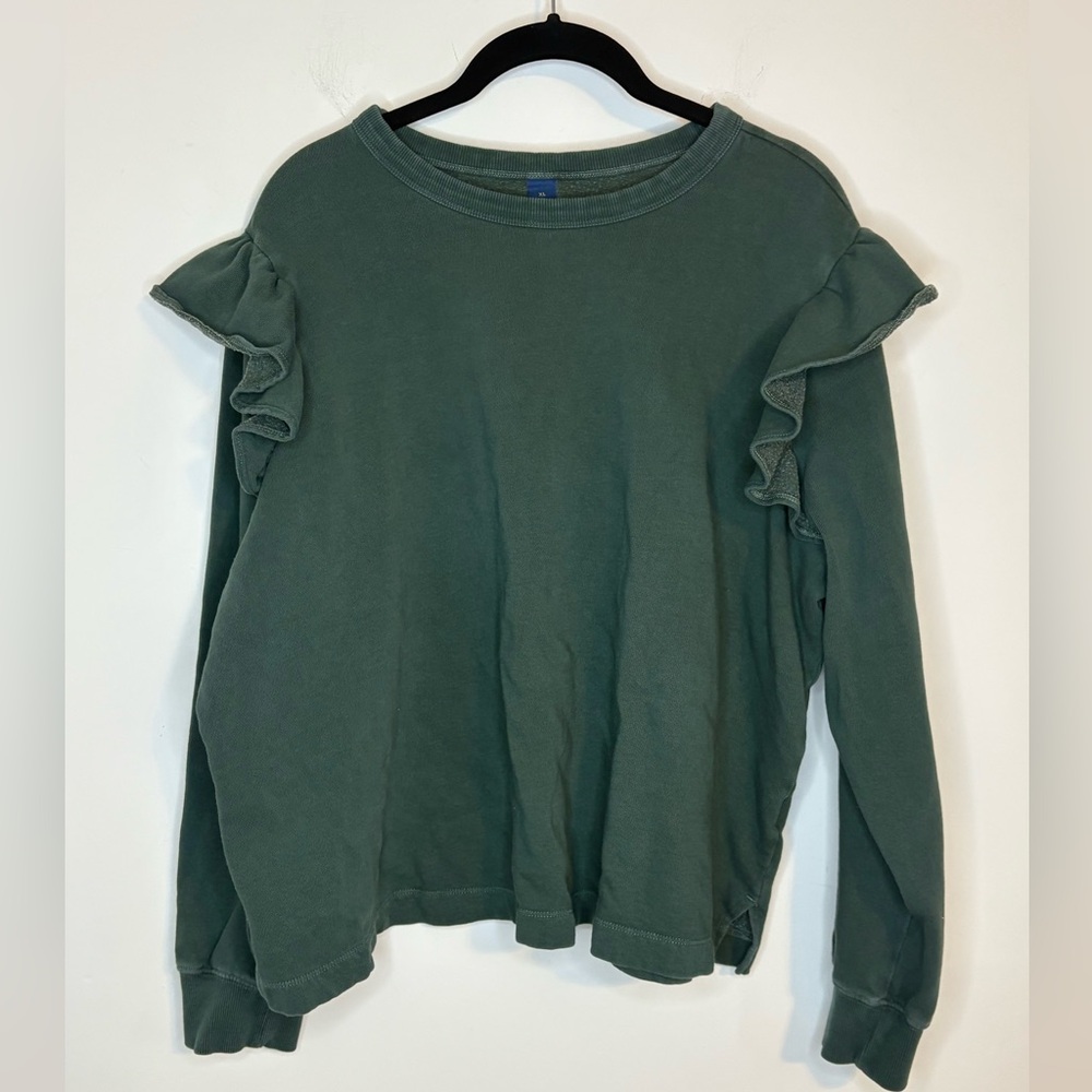 Old Navy Ruffle-Trim French Terry Cropped Crewneck Green Sweater
